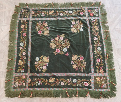 Lot 268 - A mid green velvet tablecloth or bedcover with...