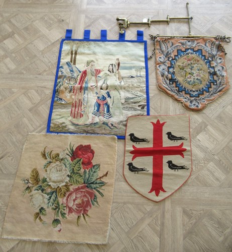 Lot 287 - A Victorian beadwork banner screen on three...