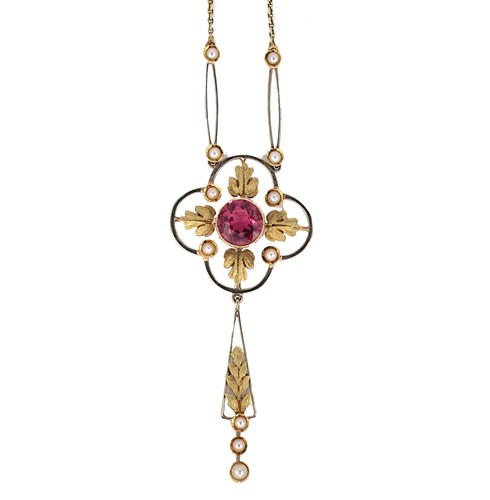 Lot 59 - An early 20th century pink tourmaline and split pearl necklace