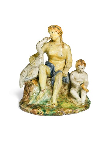 Lot 547 - A Maiolica pottery figure of Leda and the swan, 18th century