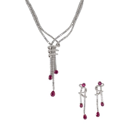 Lot 168 - A diamond and fine ruby necklace and ear pendant suite