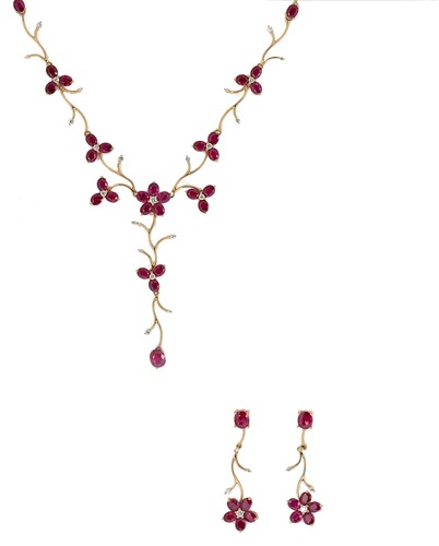 Lot 164 - A fine ruby and diamond daisy style necklace and ear pendant suite
