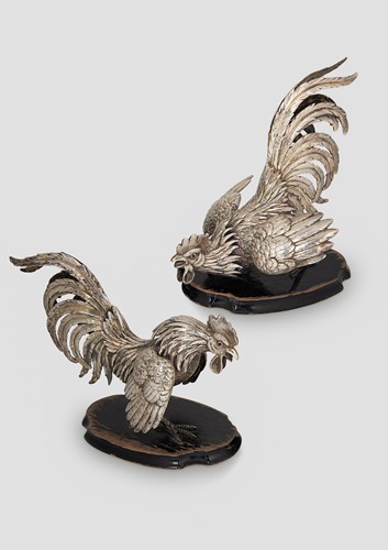 Lot 249 - A brace of early 20th century German metalwares silver table ornaments modelled as fighting cocks