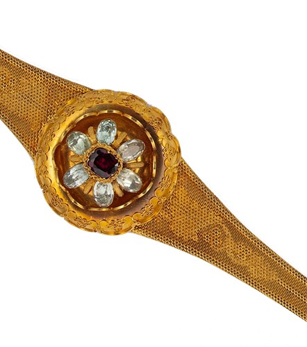Lot 117 - A Victorian garnet and aquamarine memorial bracelet