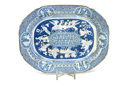 Lot 255 - A Herculaneum pottery blue and white Greek pattern meat plate, 19th century