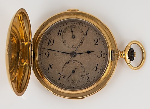 Lot 184 - Ulysse Nardin, Le Locle, for La Esmeralda - A Swiss 18ct gold repeating chronograph hunter pocket watch
