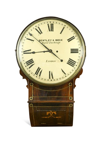 Lot 414 - A mahogany and brass inlaid drop dial wall clock by 'Bentley & Beck, Royal Exchange, London'
