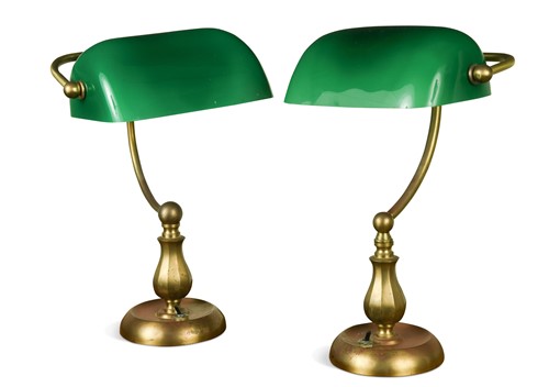 Lot 453 - A pair of brass bankers lamps, 20th century