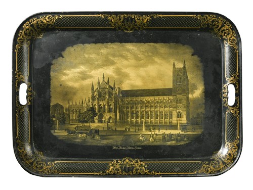 Lot 366 - A painted metal tray decorated with a view of Westminster Abbey, 19th century