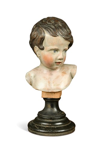 Lot 259 - A polychrome carved wood bust of a young boy, 19th century