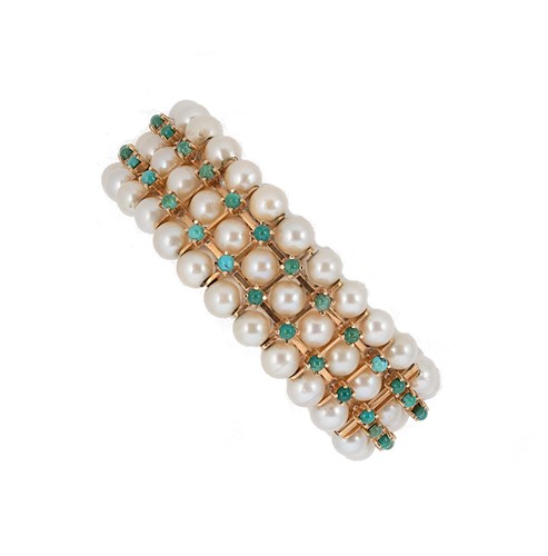 Lot 141 - A cultured pearl and turquoise cuff style bracelet