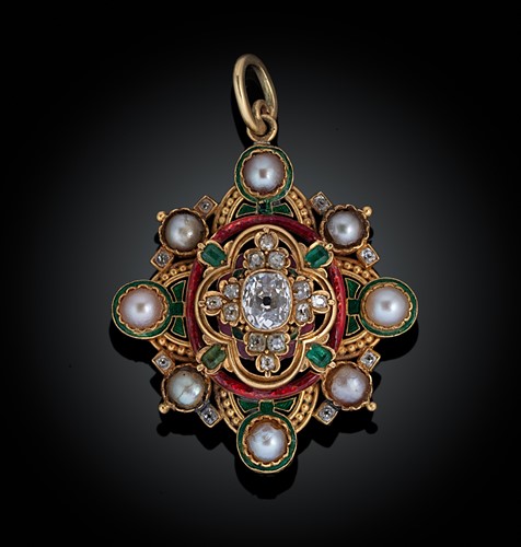 Lot 155 - A Victorian diamond, emerald, pearl and enamel pendant/brooch and chain