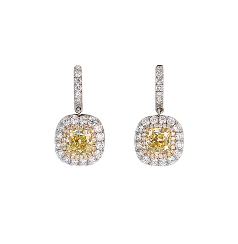 Lot 170 - A pair of yellow and white diamond ear pendants