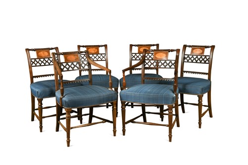 Lot 416 - A set of eight mahogany and satinwood inlaid dining chairs, Regency period including one carver of later date