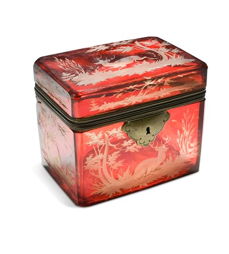 Lot 348 - A Bohemian ruby flash cut and gilt metal mounted casket, 19th century