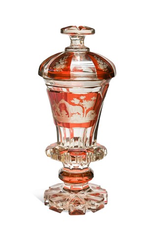 Lot 334 - A Bohemian ruby flash-cut goblet and cover, 19th century