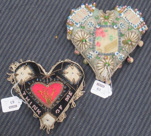 Lot 63 - Two Embroidered heart shaped sailors valentine...