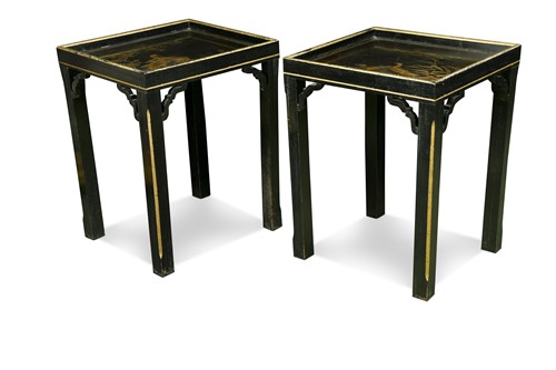 Lot 471 - A pair of black and gilt painted tray top tables, 20th century construction