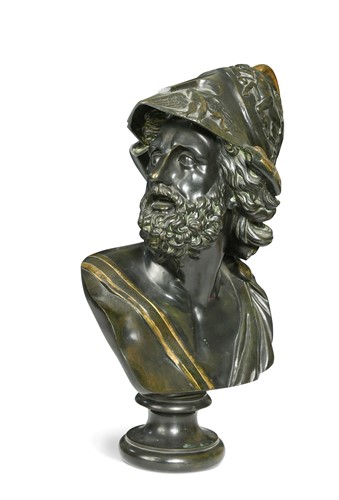 Lot 571 - A patinated bronze and gilt metal mounted bust of Ajax or Menelaus, after the antique, 19th century