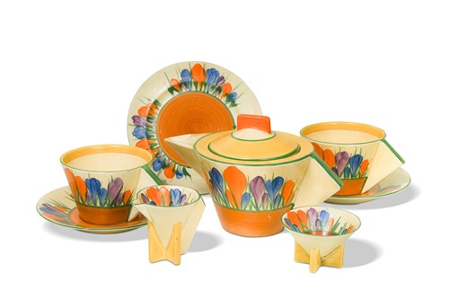 Lot 33 - A Clarice Cliff 'Crocus' pattern conical tea-for-two set