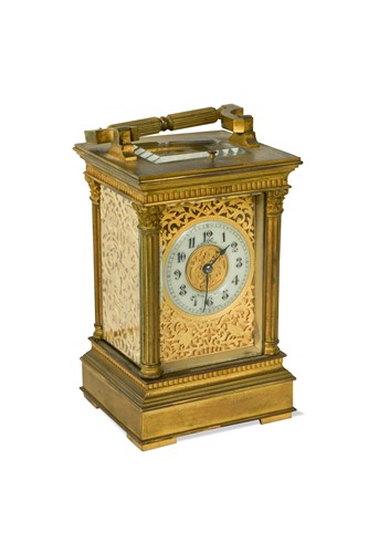 Lot 407 - A Victorian gilt brass repeating carriage clock with Leroy & Fils under-wind key 'Patent no. 9501'
