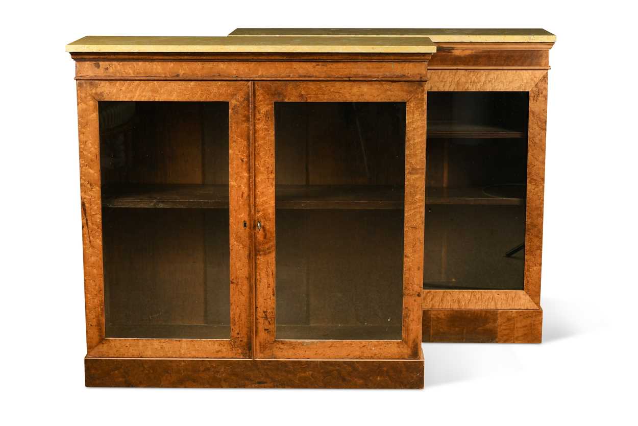 Lot 507 - A pair of Victorian birdseye maple bookcases with marble tops