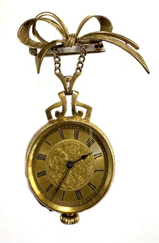 Lot 123 - Unsigned - A Swiss 14ct gold open faced fob watch on a later 9ct gold brooch