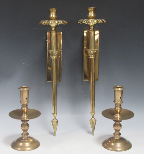 Lot 128 - A pair of brass wall sconces and a pair of...