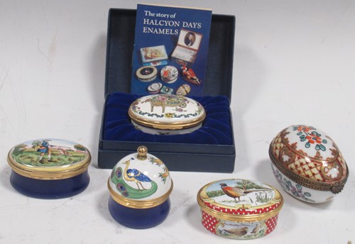 Lot 194 - Three Halcyon Days enamel pill boxes, another...