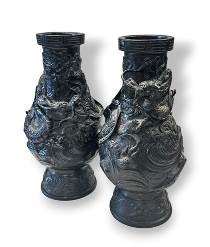 Lot 5 - A pair early 20th century bronze baluster vases, Japanese Meiji period
