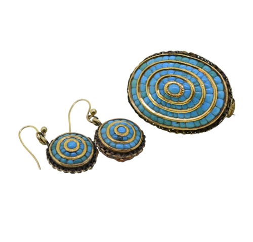 Lot 101 - An Etruscan revival style turquoise brooch, together with a pair of earrings