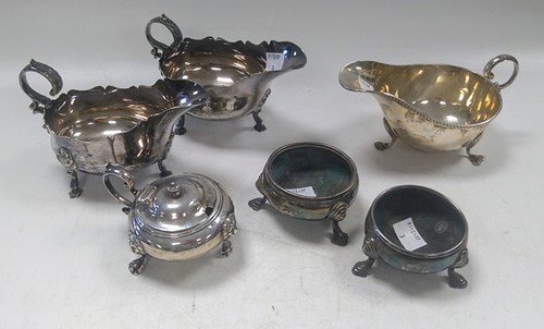 Lot 342 - Two silver cauldron salts, a silver sauce boat...