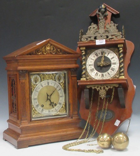 Lot 137 - A late 19th century oak cased mantel clock...