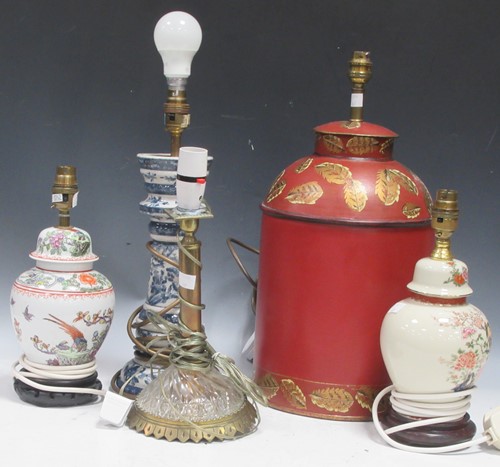 Lot 46 - Five table lamps to include; a brass column...