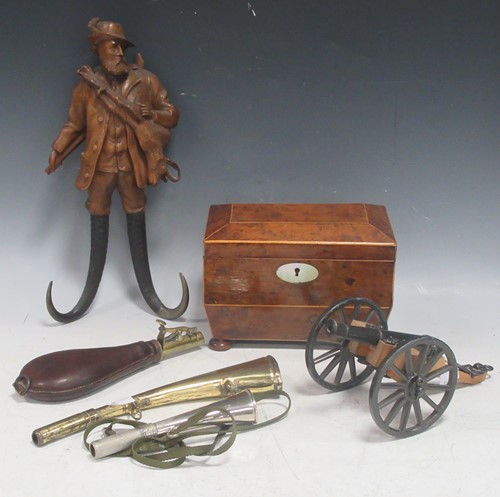 Lot 130 - A Regency burwood tea caddy; an Alpine carved...