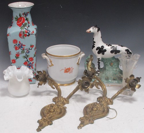 Lot 116 - Two boxes of ceramics and brass to include;...