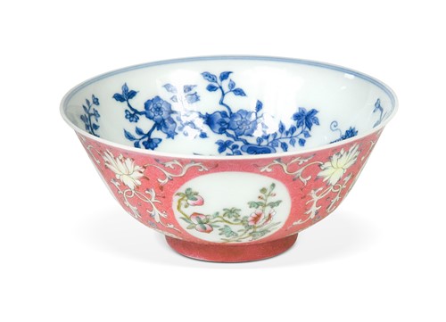 Lot 50 - A Chinese porcelain pink ground medallion bowl, Daoguang six character mark but Republic Period