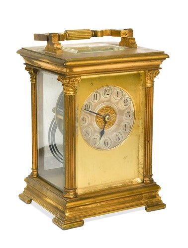Lot 671 - A French brass carriage-clock style mantel clock, 19th century