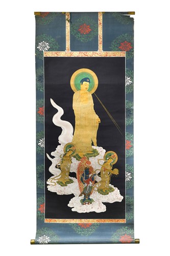 Lot 142 - A Japanese scroll painting of the Buddha and three acolytes, late Meiji Period