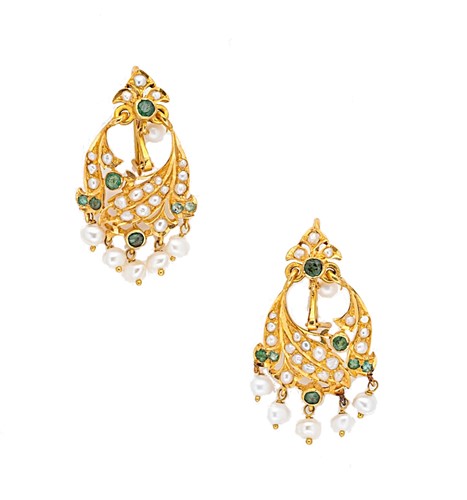 Lot 4 - A pair of emerald and pearl ear pendants