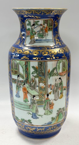 Lot 30 - A pair of Chinese famille verte and powder blue ground porcelain vases, Qing Dynasty, 19th century