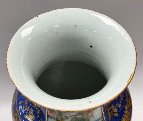 Lot 30 - A pair of Chinese famille verte and powder blue ground porcelain vases, Qing Dynasty, 19th century