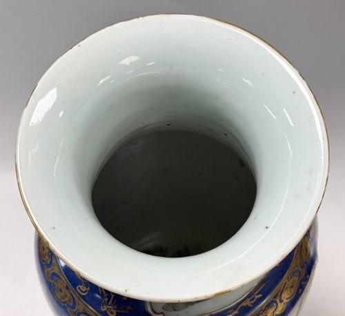 Lot 30 - A pair of Chinese famille verte and powder blue ground porcelain vases, Qing Dynasty, 19th century