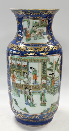 Lot 30 - A pair of Chinese famille verte and powder blue ground porcelain vases, Qing Dynasty, 19th century