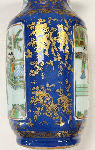 Lot 30 - A pair of Chinese famille verte and powder blue ground porcelain vases, Qing Dynasty, 19th century