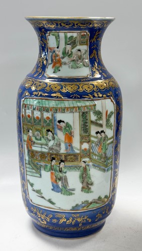 Lot 30 - A pair of Chinese famille verte and powder blue ground porcelain vases, Qing Dynasty, 19th century