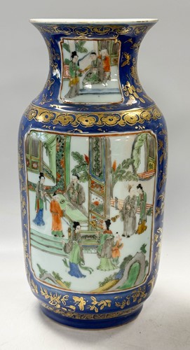 Lot 30 - A pair of Chinese famille verte and powder blue ground porcelain vases, Qing Dynasty, 19th century