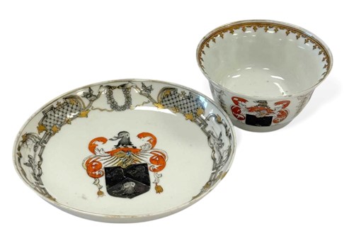 Lot 33 - A Chinese armorial porcelain tea bowl and saucer, Qing Dynasty, circa 1750-60