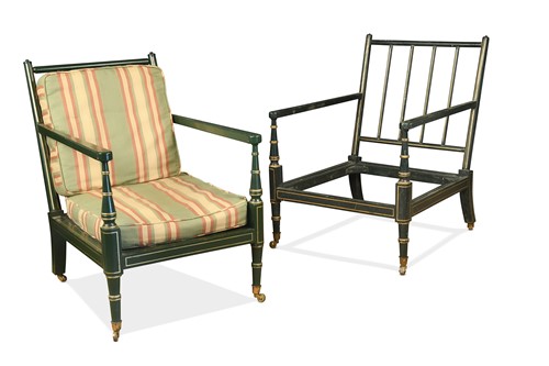 Lot 448 - A near pair of Regency style green and gold decorated armchairs