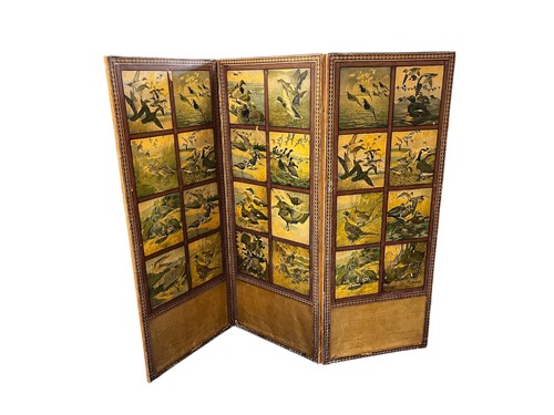 Lot 667 - A threefold screen decorated with prints of...